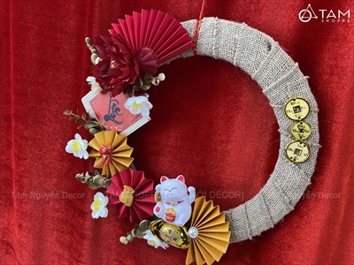 Vòng treo cửa Tết vải bố quạt xếp Mèo Thần Tài [2 Kiểu] ĐK 35cm VTC-T-48